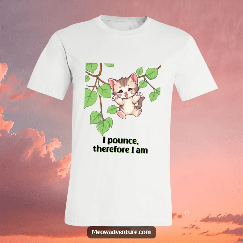 Funny t-shirt with a kitten energetically pouncing on a dangling vine, capturing pure playful feline joy, a great gift.