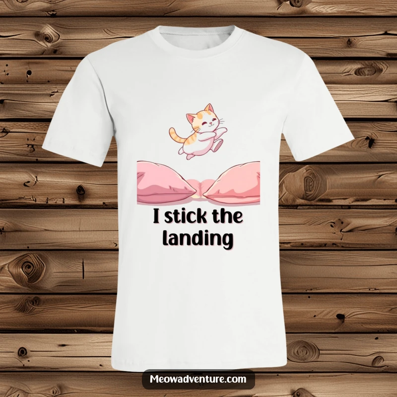 Funny Cat T-Shirt: A gray cat depicted mid-leap between two cushions, showcasing athletic prowess and humor.
