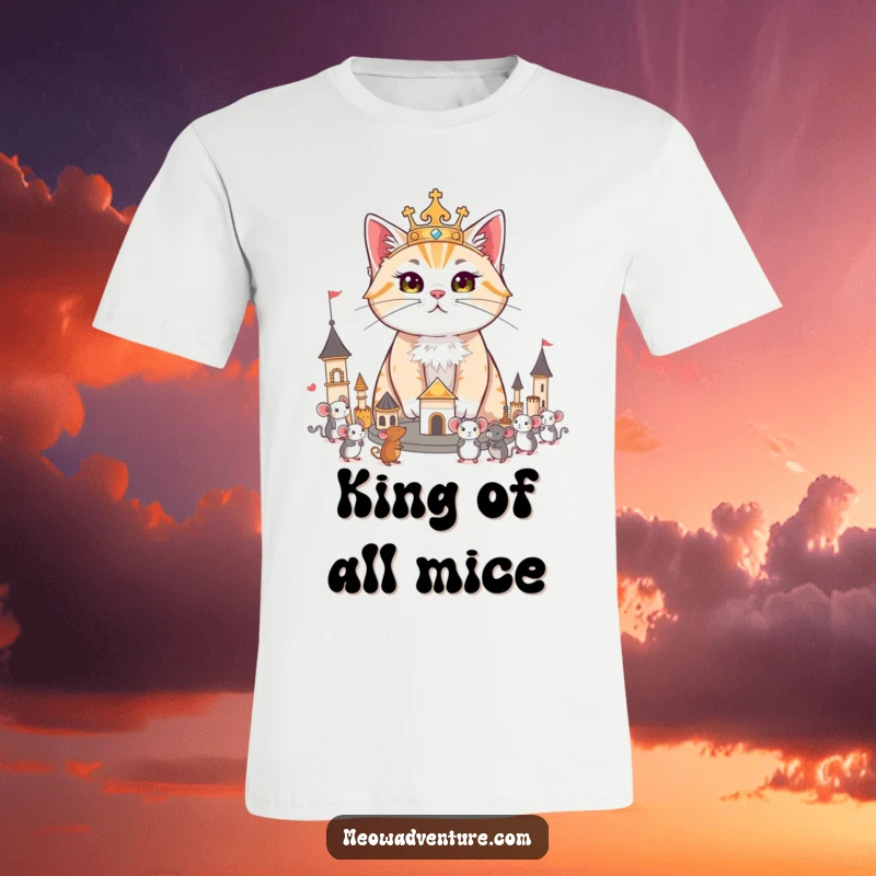 Funny t-shirt showing a majestic cat ruling over a tiny kingdom of toy mice, exuding regal authority and playful charm.