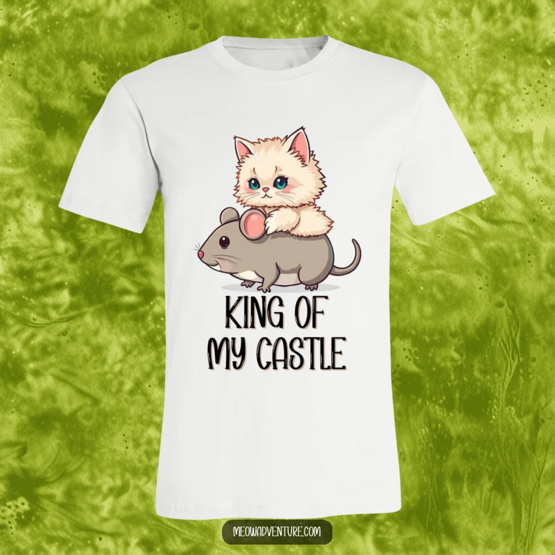 Funny Persian Cat Mouse Ride T-Shirt featuring a fluffy Persian cat confidently riding an oversized toy mouse. A humorous and charming top.