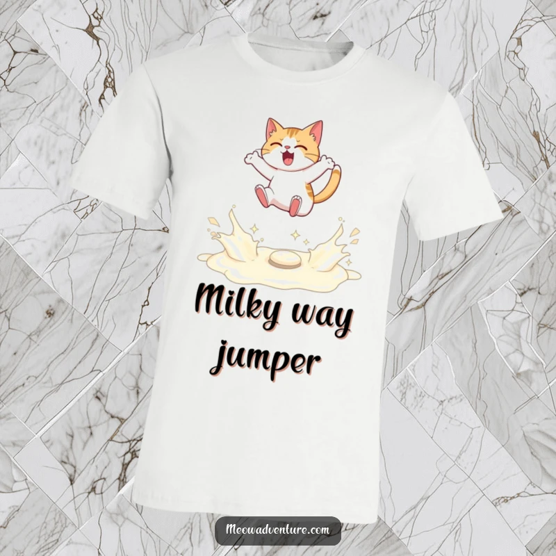 Funny cat t-shirt depicting a determined feline mid-leap over a sparkling river of spilled milk.