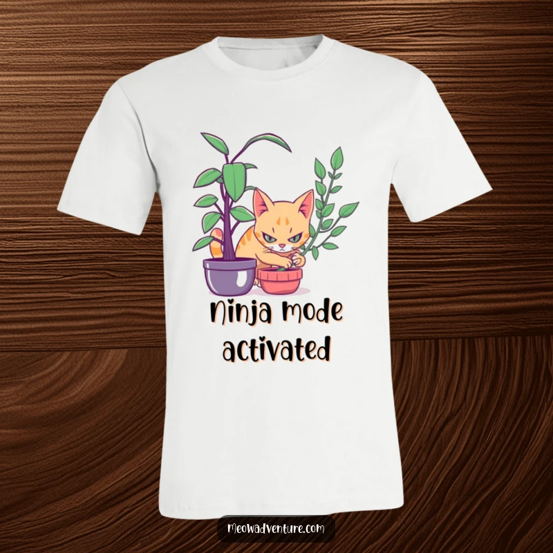 Funny t-shirt graphic of a stealthy cat intensely focused, hiding behind a vibrant houseplant, embodying playful espionage.