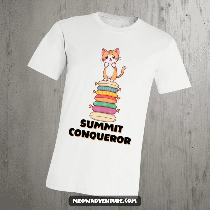 Funny cat t-shirt depicting a brave feline ascending a massive pile of colorful cushions.