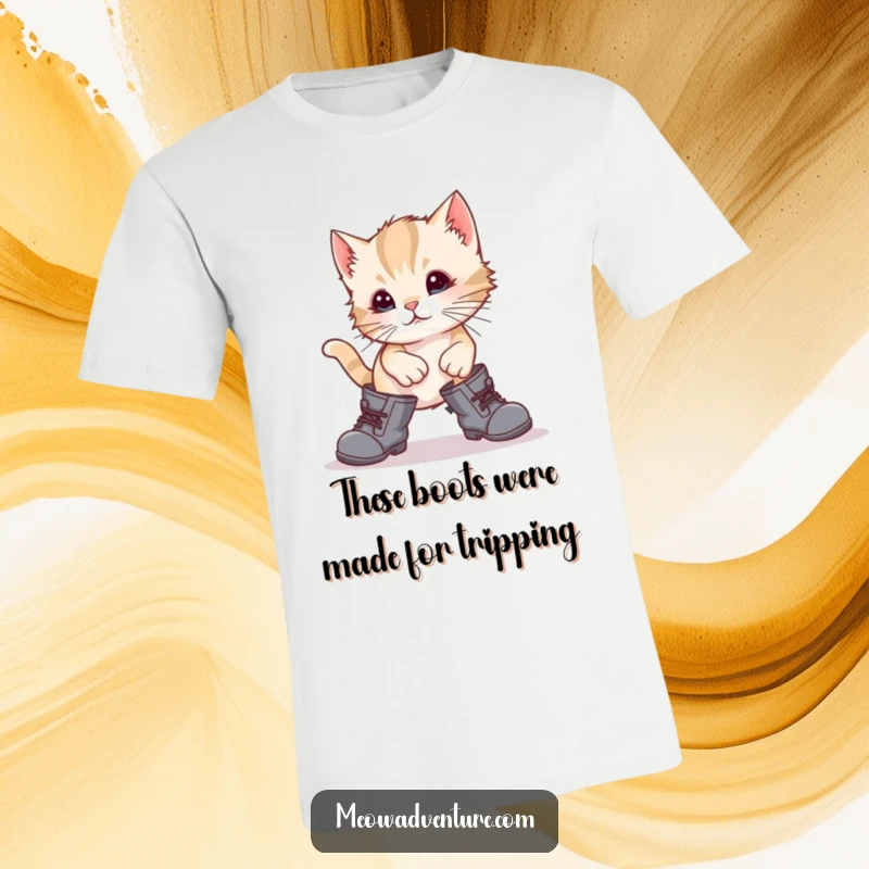 Funny kitten comically stumbling in oversized boots, printed on a t-shirt, showcasing a goofy and lovable feline.
