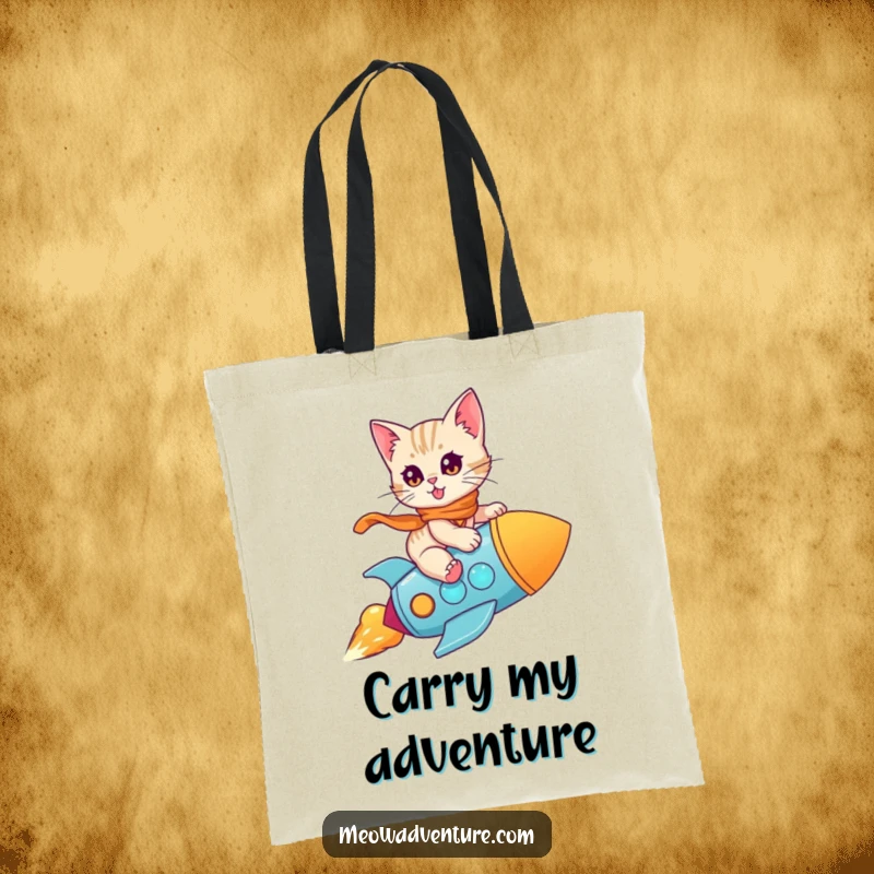 Funny Kitten Rocket Tote Bag: A brave kitten rides a toy rocket, making this a humorous and functional accessory for carrying your daily essentials.