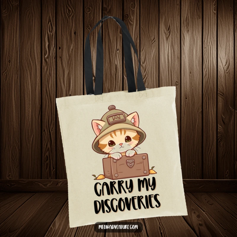 Funny explorer kitten tote bag featuring a brave kitten in an explorer hat, curiously looking into a chest. Practical and charming.
