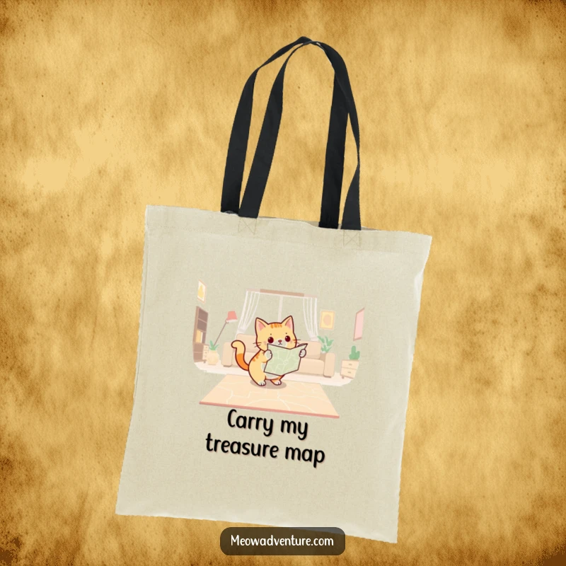 Funny tote bag featuring a determined cat with a map, plotting a course across a living room floor, for travel.