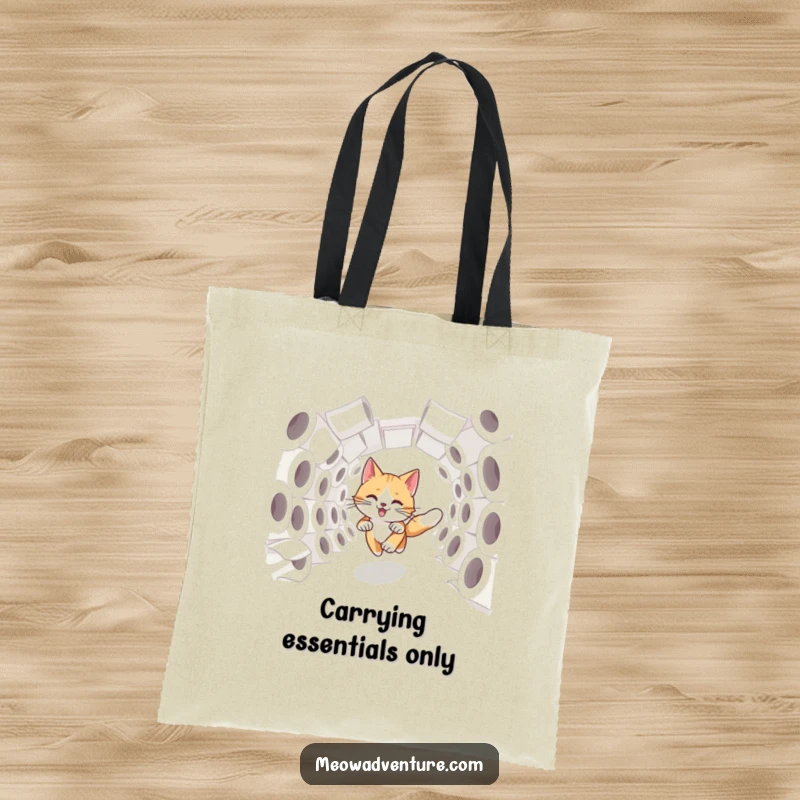 Funny swift cat dashing through a tunnel of toilet paper rolls, printed on a durable tote bag.