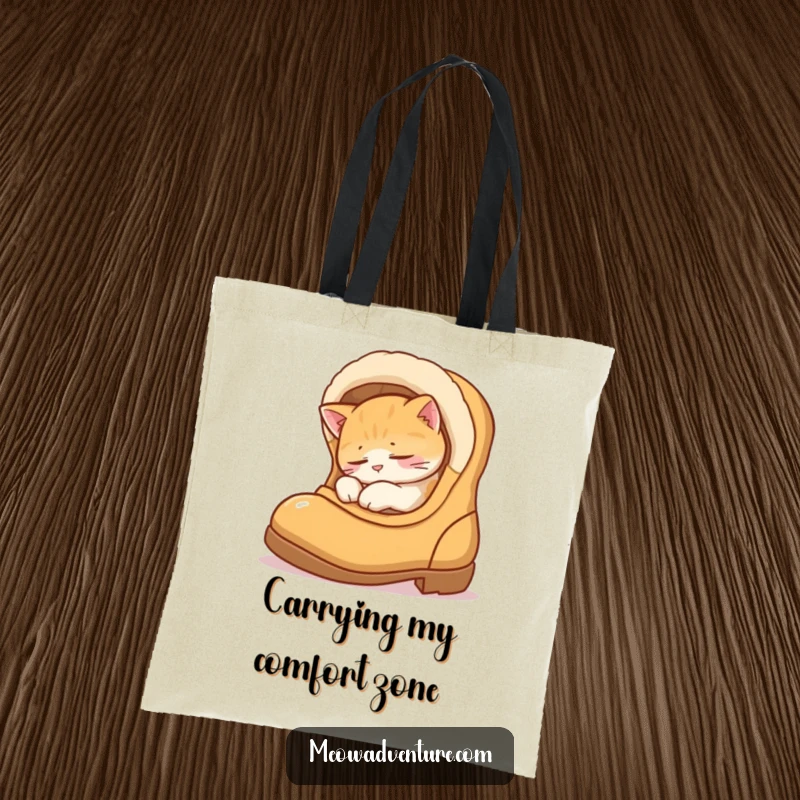 Funny tote bag featuring a contentedly sleeping cat curled up inside a boot, ideal for carrying daily items with a touch of humor.