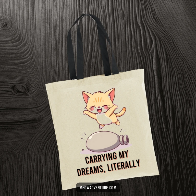 Funny kitten tote bag, a joyful cat elegantly leaping over a small obstacle, a picture of hilarious grace.