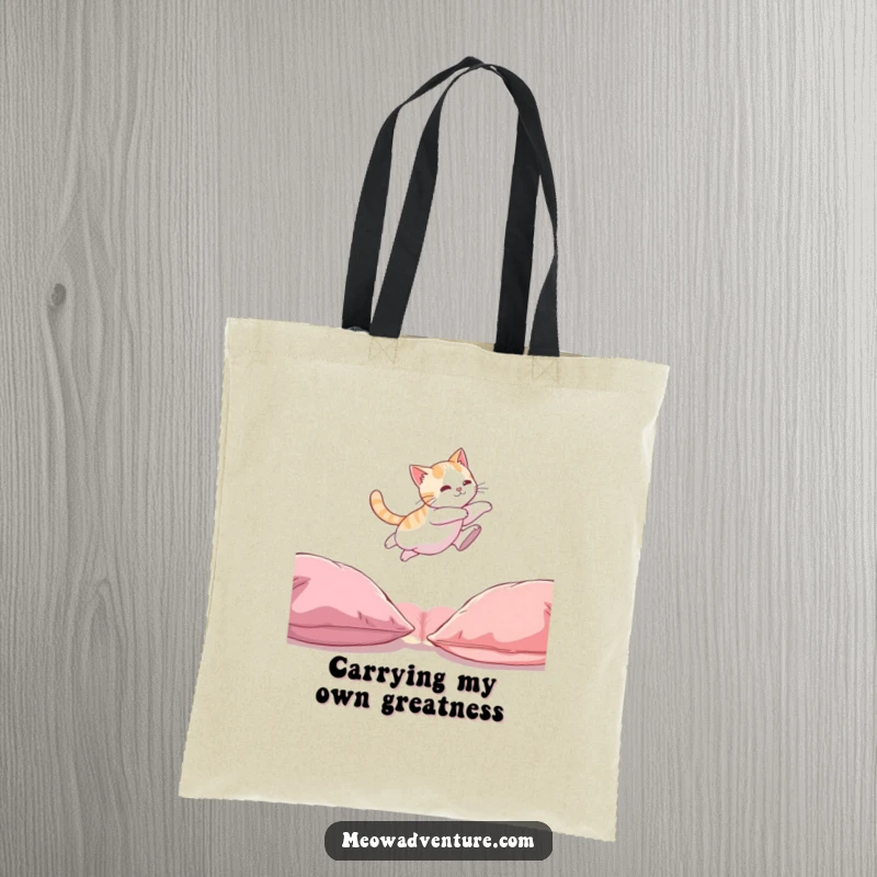 Funny Cat Tote Bag: A funny graphic of a cat mid-leap, demonstrating agility between two soft cushions.