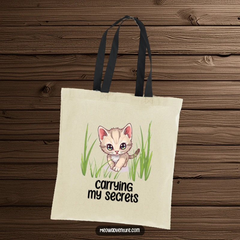 Funny tote bag featuring a stealthy kitten with wide, alert eyes tiptoeing through tall grass, ideal for missions.