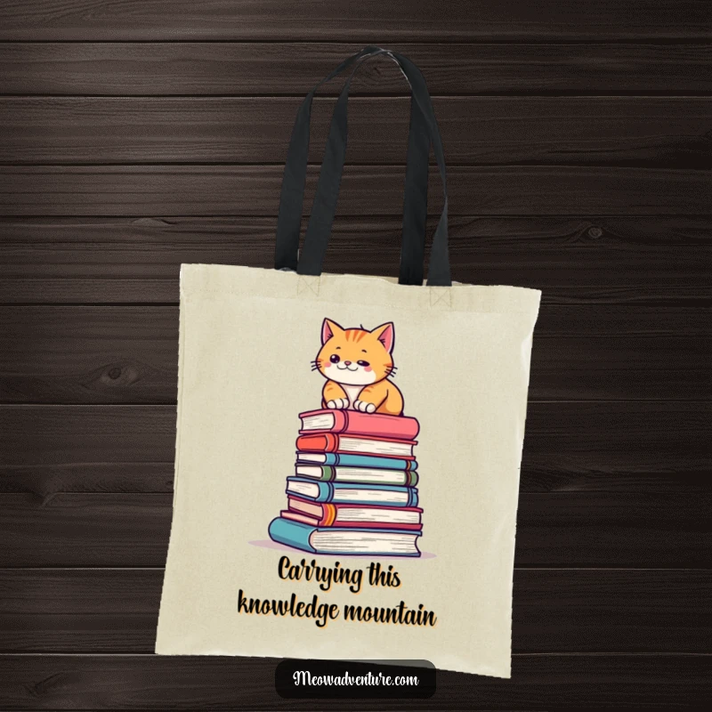 Funny tote bag showcasing a determined cat scaling a stack of books, perfect for carrying literary treasures with a humorous flair.