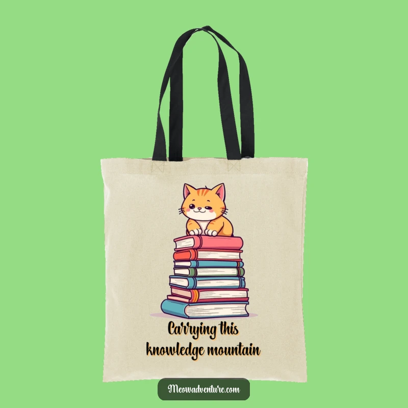 Funny Cat Book Mountain Tote Bag - Durable Literary Adventure Carry-All, Great Gift