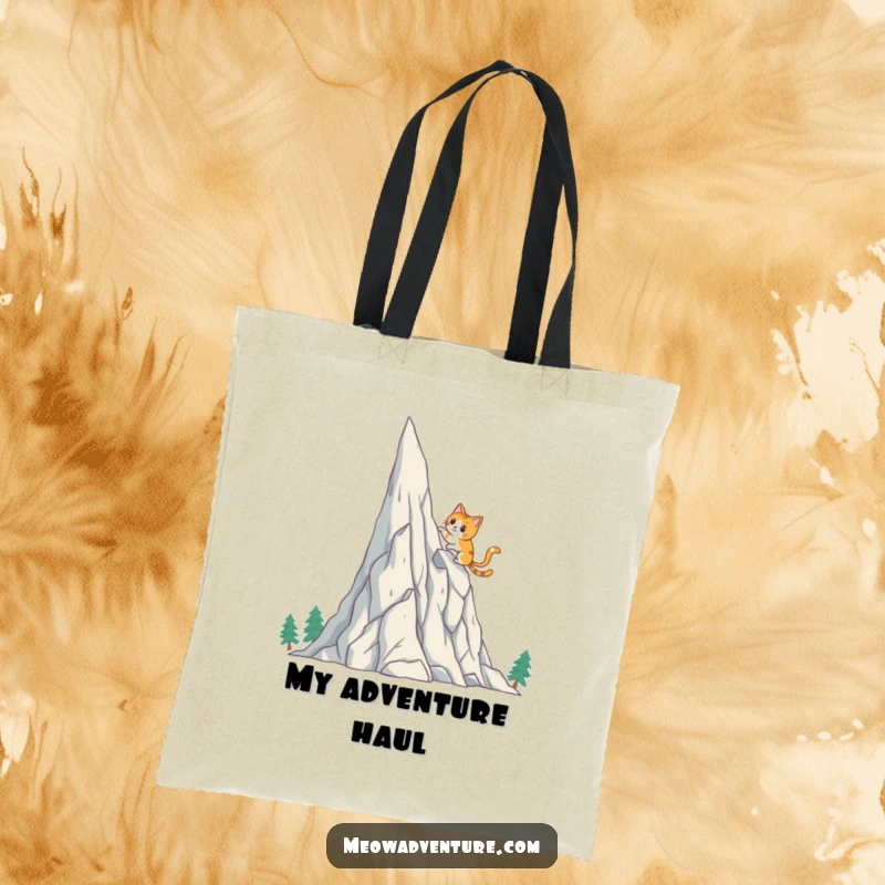Funny Cat Tote Bag: A brave cat scales a crystal mountain, a humorous and practical accessory for carrying everyday essentials.