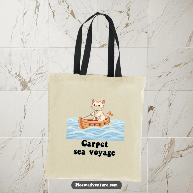 Funny tote bag illustrating a brave cat sailing a tiny toy boat on a vast carpet, symbolizing grand adventures.