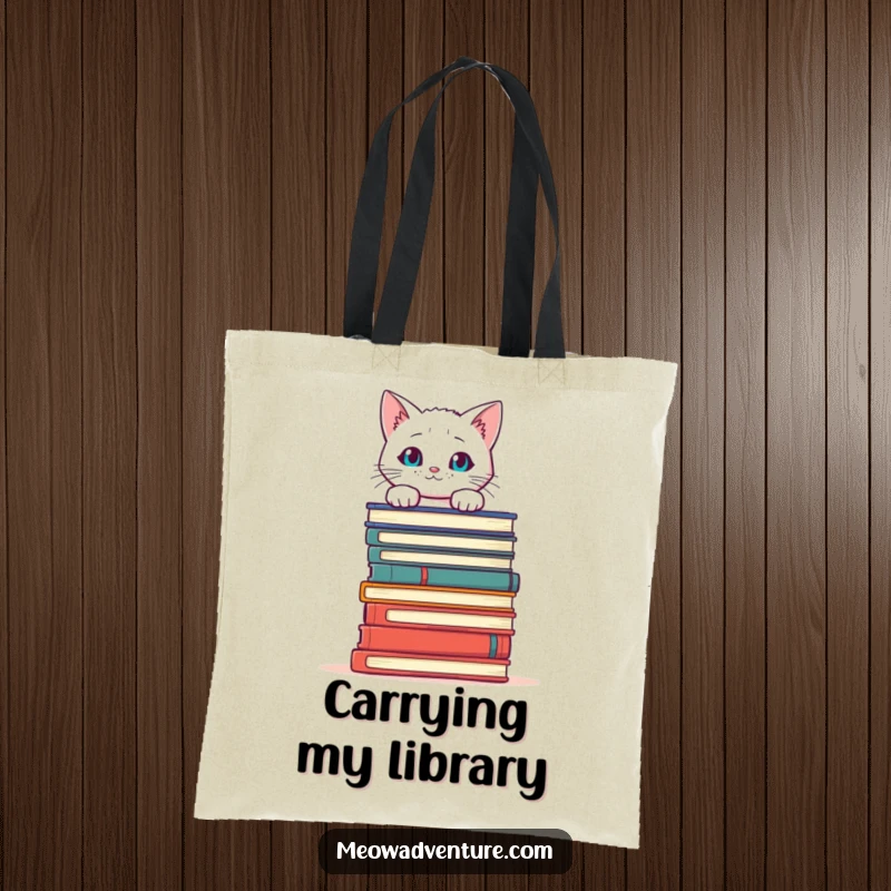 Funny Cat Books Tote Bag with a curious cat peeking over books, ideal for carrying literary treasures with humor.