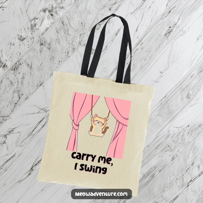 Funny tote bag featuring a mischievous cat swinging from a curtain like a trapeze artist, perfect for carrying essentials, great funny gift.