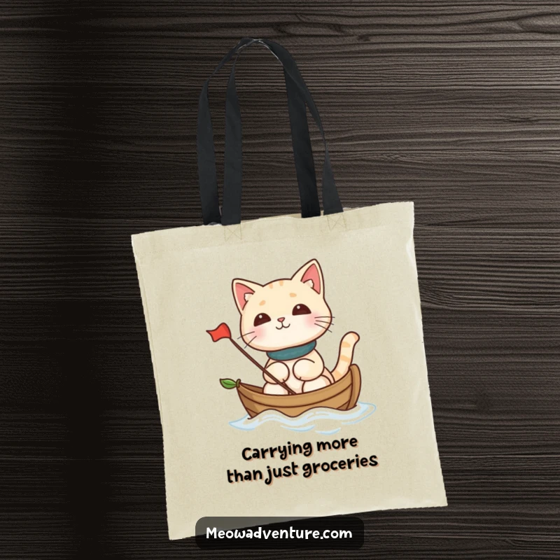 Funny cat voyaging on a tiny leaf boat, looking determined, perfect for a humorous and functional funny tote bag.