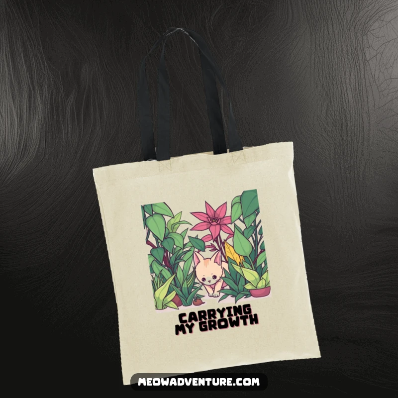 Funny tote bag showing a stealthy cat creeping through a jungle of oversized houseplants, a botanical accessory.