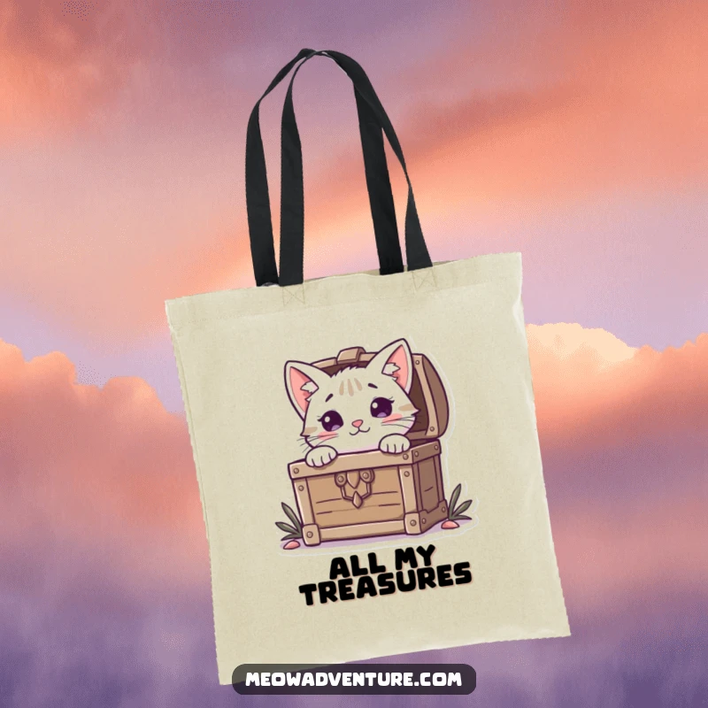 Funny Cat Tote Bag: A curious cat peeks from a treasure chest, a humorous and practical accessory for carrying everyday treasures.
