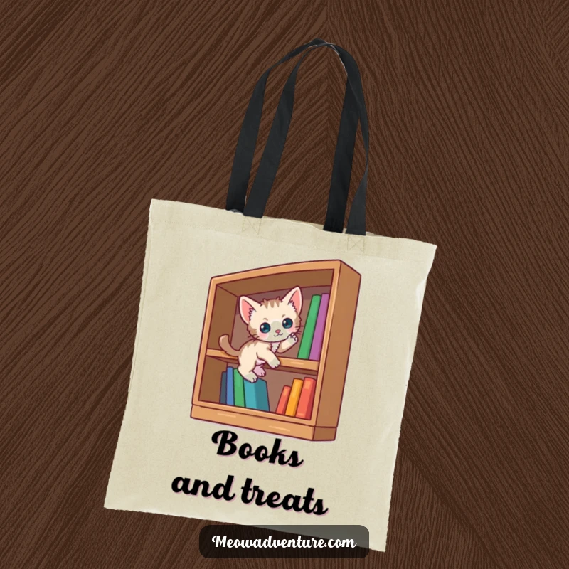 Funny curious kitten tote bag featuring a small kitten climbing an oversized bookshelf, ready to carry your literary finds.