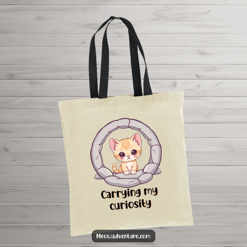 Funny tote bag, a curious kitten character peering into a mysterious portal, perfect for carrying items with a sense of wonder and intrigue.