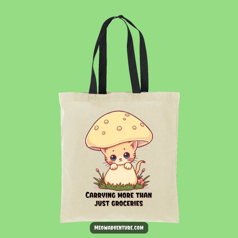 Funny Curious Kitten Tote Bag: Mushroom Explorer, Hilarious Cat Accessory Gift