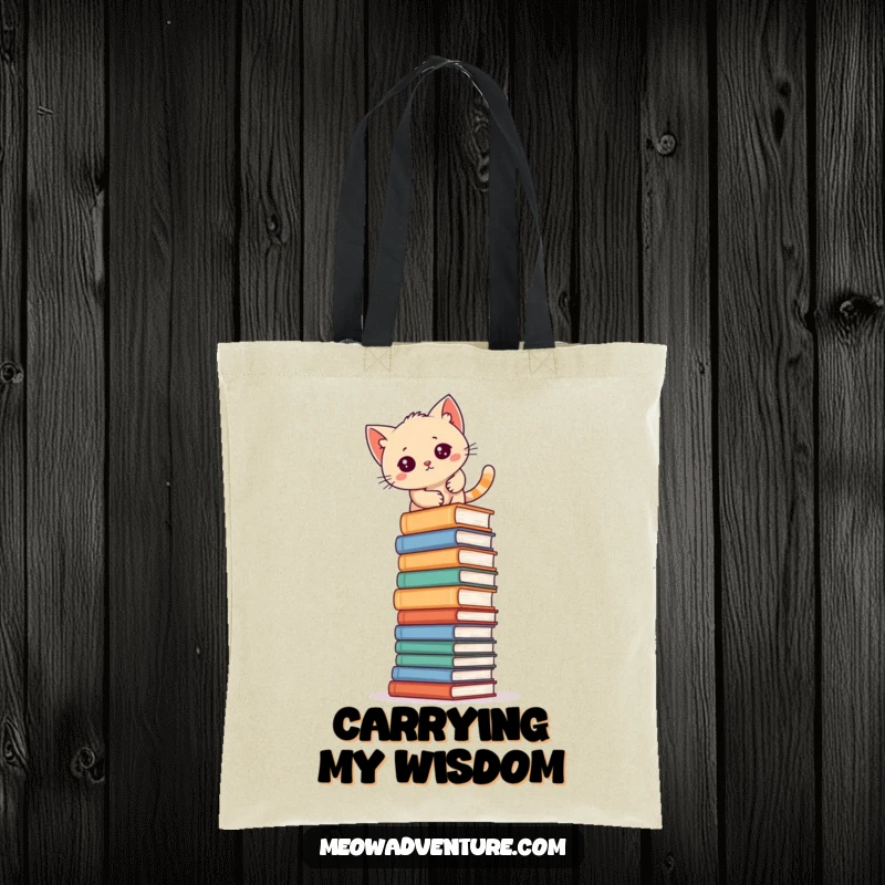 Funny kitten climbing a tall pile of books on a tote bag, symbolizing dedication to reading and learning.