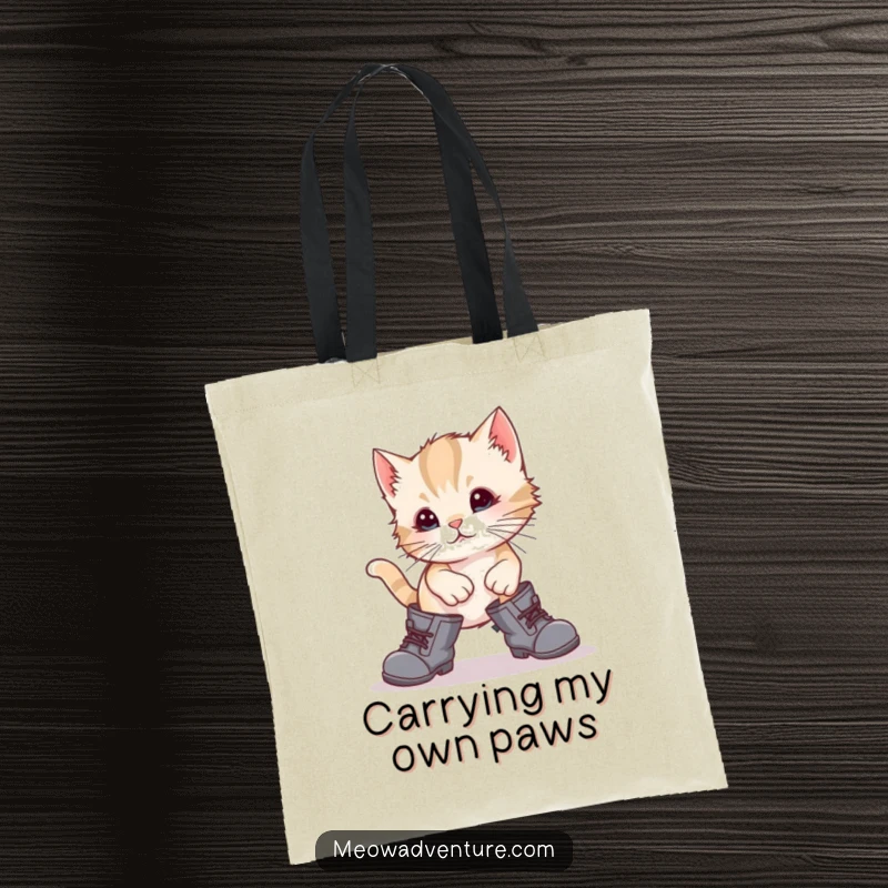 Funny kitten tripping in oversized boots, printed on a durable tote bag, a humorous design for carrying daily items.
