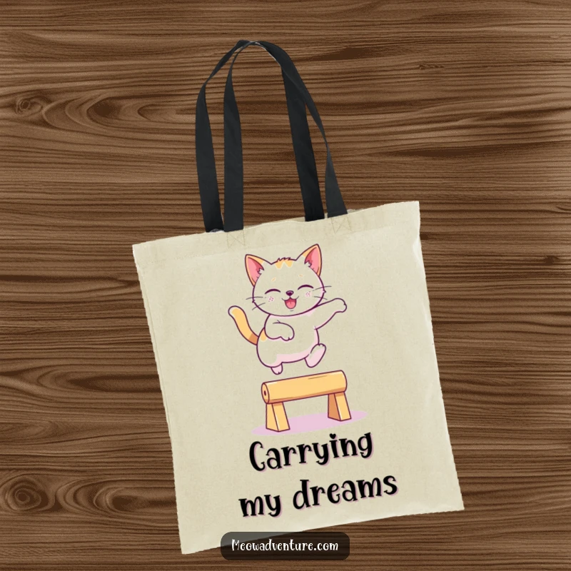 Funny playful cat leaping gracefully over an imaginary obstacle on a tote bag, a stylish and funny gift.