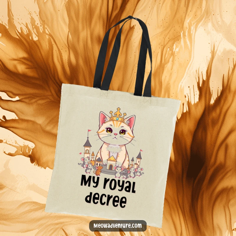 Funny tote bag showing a regal cat surveying its miniature kingdom of toy mice, perfect for stylish and humorous shopping.
