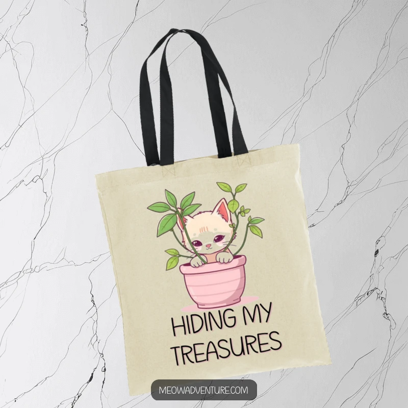 Stealthy kitten tote bag showing a cat peeking from behind a potted plant, perfect for carrying essentials with playful intrigue.