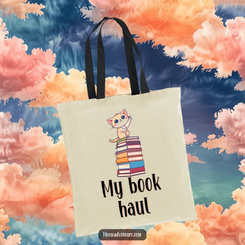 Funny tote bag showcasing a cat bravely climbing a huge stack of books, representing the journey of learning and exploration.