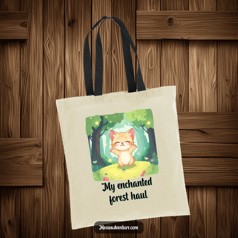 Funny canvas tote bag with a curious cat, paws extended, exploring a brightly glowing, magical forest.