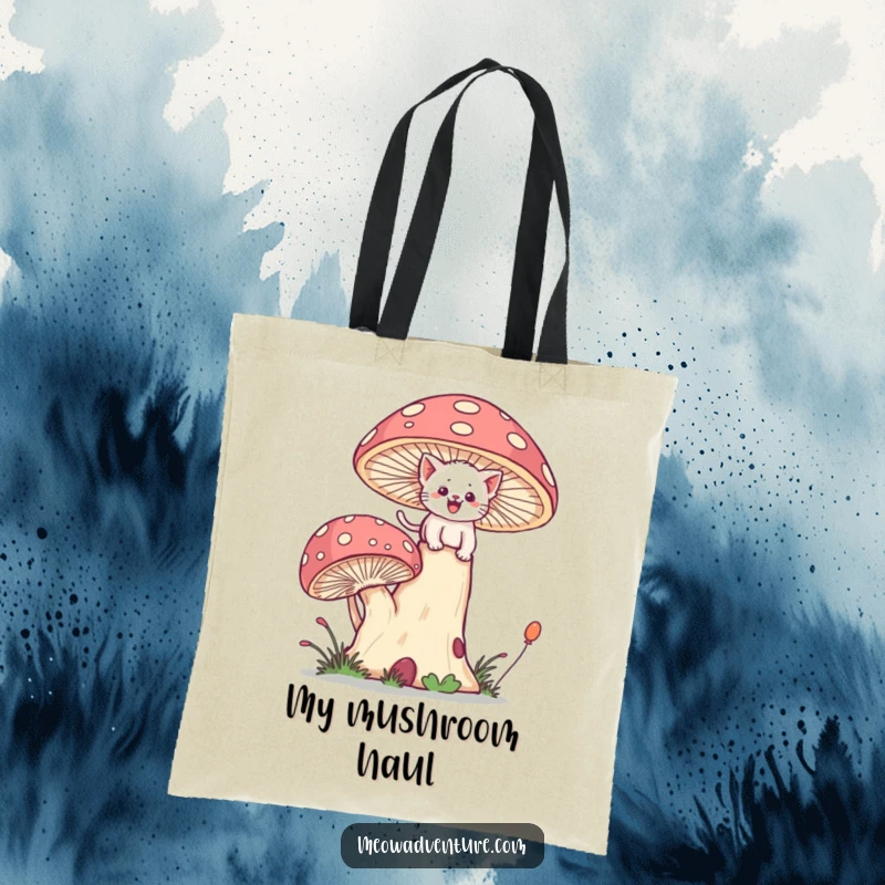 Funny canvas tote bag with a brave kitten joyfully scaling a giant, whimsical mushroom.