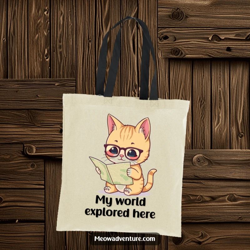 Funny tote bag featuring a cat with glasses reading a map, symbolizing intelligence and a love for exploration, perfect for carrying daily items.