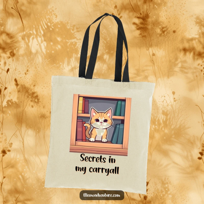 Funny mysterious cat emerging from a secret compartment in a bookshelf, printed on a durable tote bag.