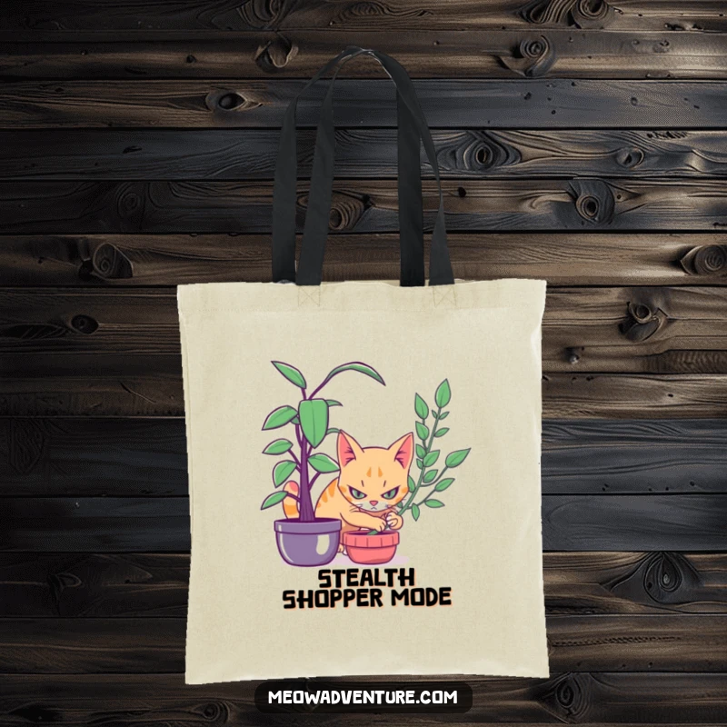 Funny tote bag featuring a stealthy cat intensely focused, peeking out from behind a leafy houseplant, ready for action.