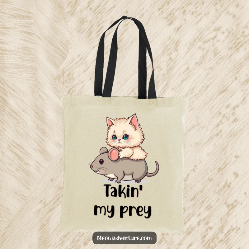 Funny Persian Cat Mouse Ride Tote Bag with a fluffy Persian cat riding a giant toy mouse. A humorous and functional accessory.