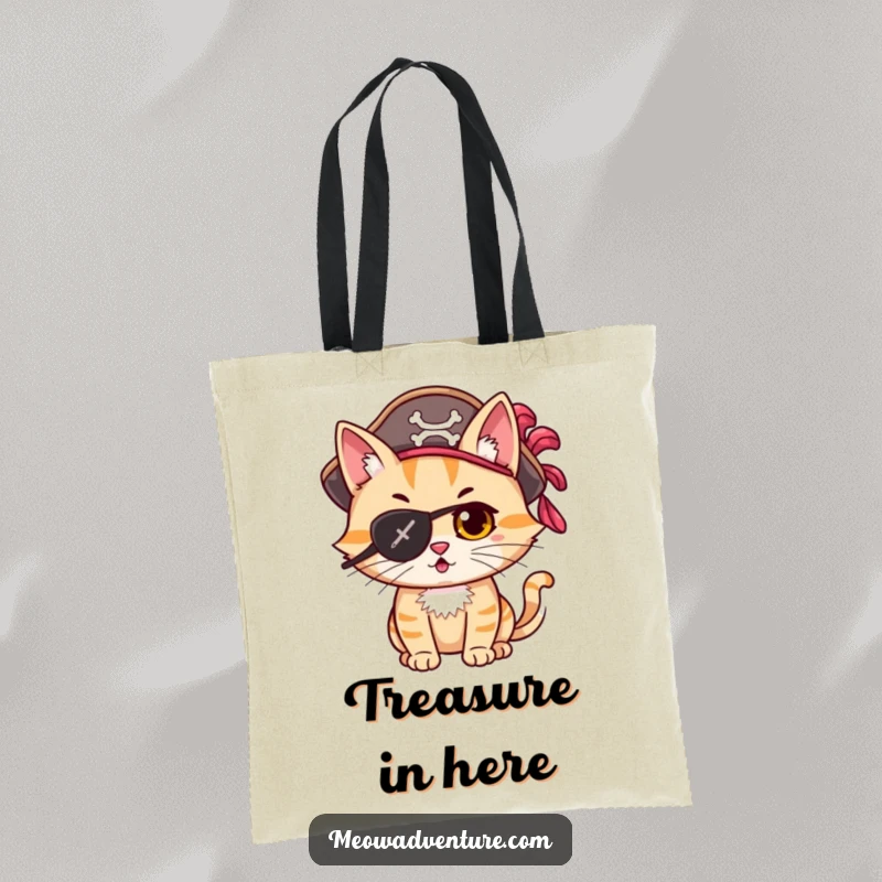 Funny mischievous cat pirate with eye patch and hat, looking adventurous on a durable tote bag.
